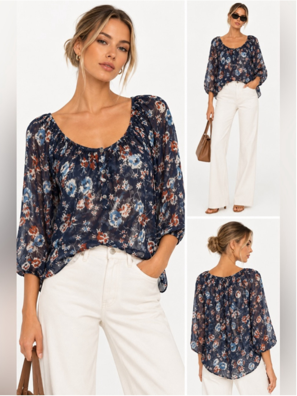 Joie Navy Floral Peasant Blouse